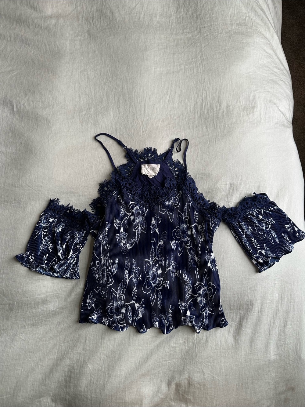 Moon River Navy Floral Cold-Shoulder Lace Trim Top